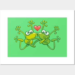 Funny green frogs falling in love while performing an acrobatic kiss Posters and Art